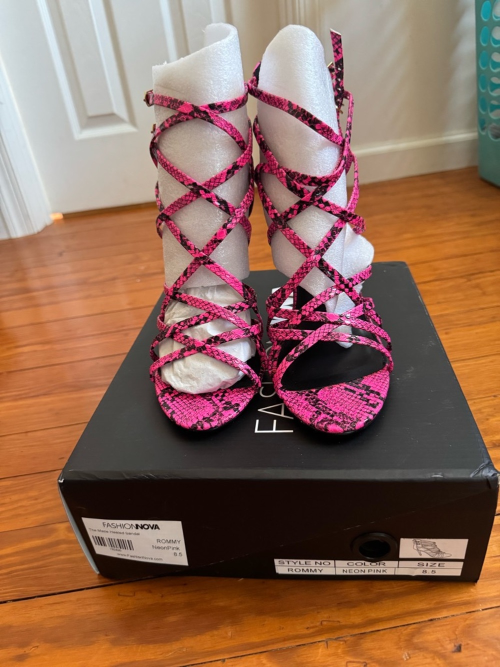 Fashion Nova Hot Pink Snakeskin Lace-Up Stilettos - Picture 3 of 3